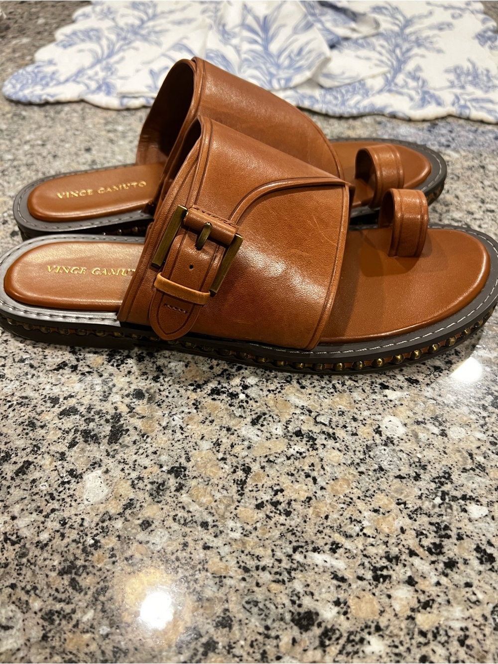 Vince Camuto Brown Leather Buckle Slide Sandals